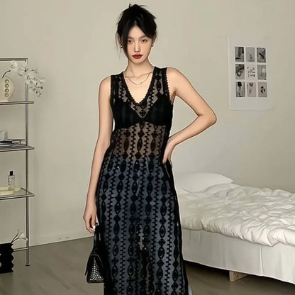 Sexy Vintage Lace Tank Dresses See Through Summer Women Sleeveless Mesh Maxi Dress Black Beach Cover Up Y2k Long Dress