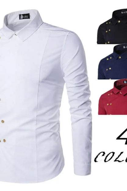 maoxiangshop Men's Diagonal Placket Double Breasted Slim Fitting Fashion Long Sleeved Shirt