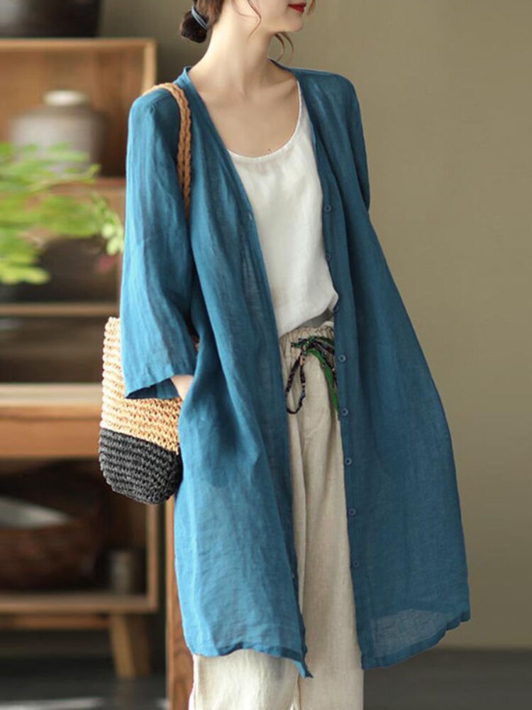 Summer New Women's Casual Sunscreen Linen Top Loose T-shirt Long-sleeved Cotton and Linen Coat Comfortable Simple Oversized