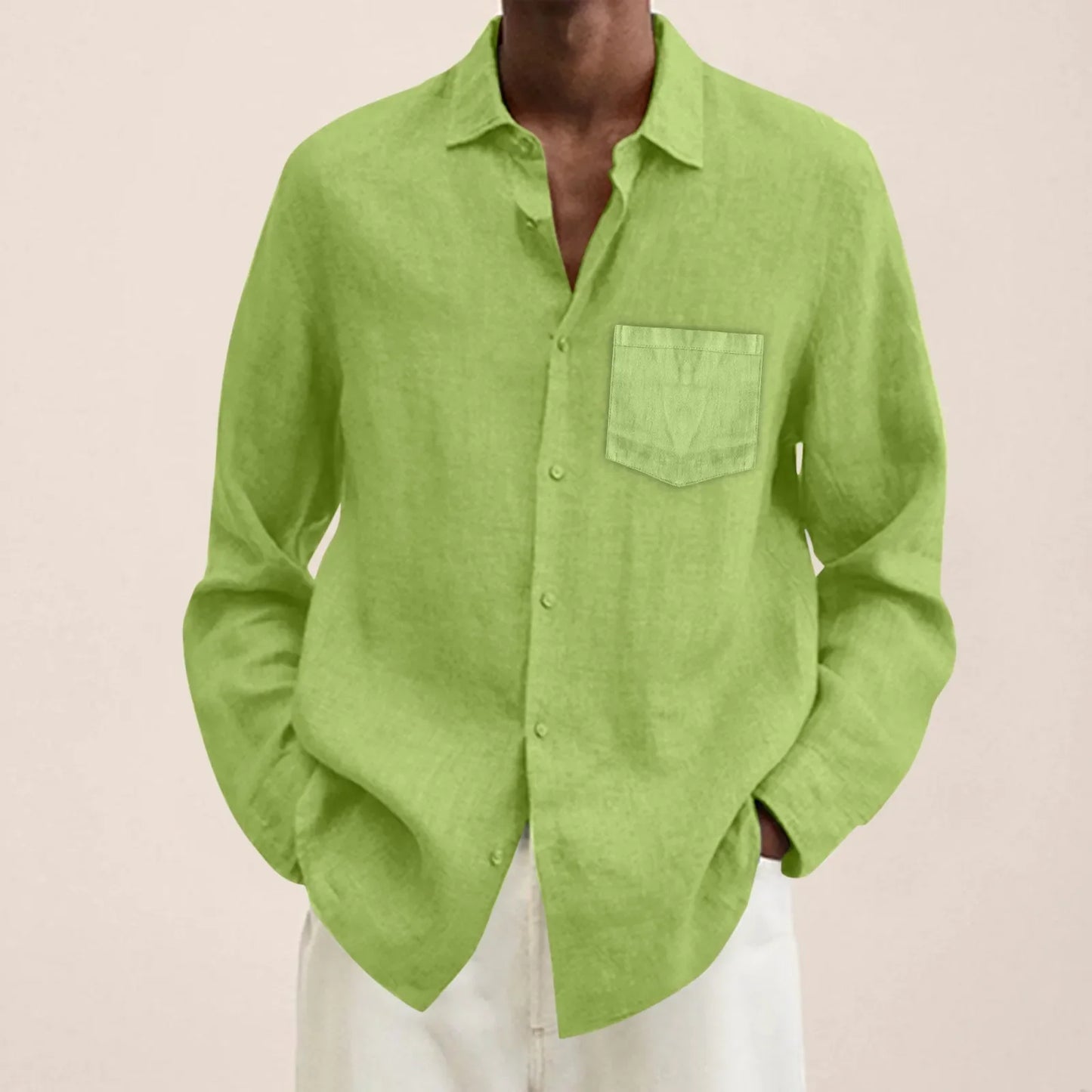 maoxiangshop Male Summer Cotton Linen Solid Casual Plus Size Loose Shirt Mens Turn Down Long Sleeve Shirt