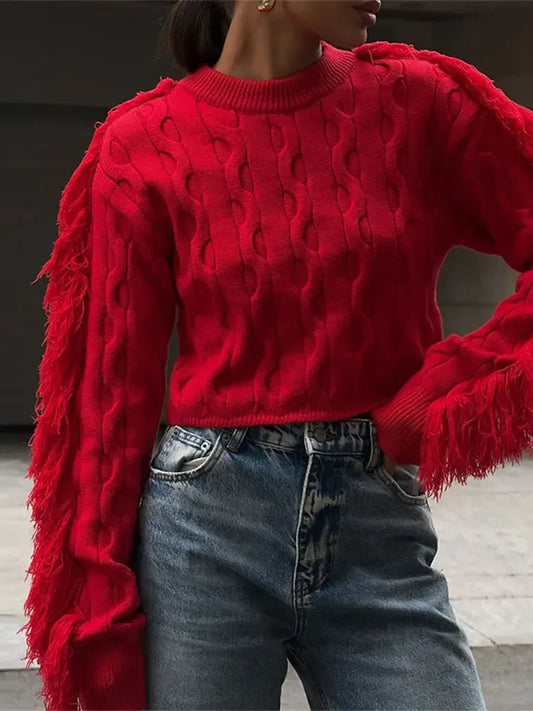 maoxiangshop  -  Luxury Red O-neck Knitted Pullover Women Chic Tassels Spliced Long Sleeves Cropped Sweater 2024 Autumn Lady Street Knitwear ﻿
