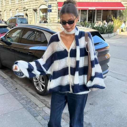 maoxiangshop  -  Striped Knit Sweater Cardigan With Scarf Women Casual V Neck Lantern Sleeve Coat 2024 Autumn Chic Contrast Lady Fashion Knitwear