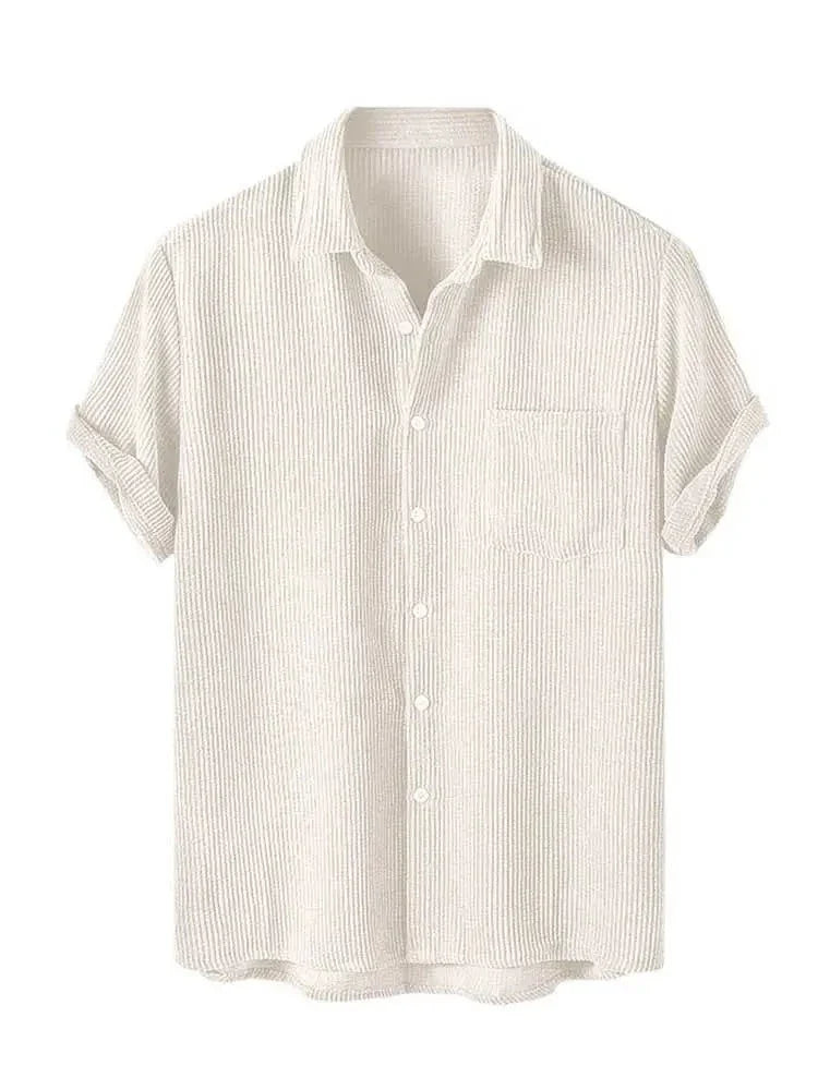 maoxiangshop Men's Shirt Corduroy Short Sleeve Blouses Casual Solid Streetwear Shirts Summer Ribbed Plain Button Y2K Tops