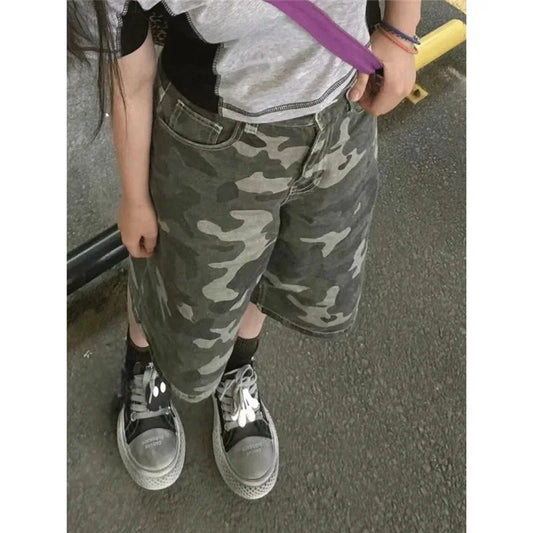 Womens Short Summer Camouflage High Waist Jeans Y2K Straight Calf-Length Pants Trousers Streetwear Vintage Wide Leg Denim Shorts