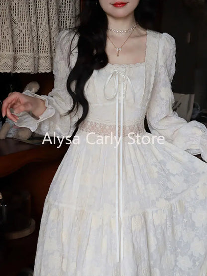 Elegant Vintage Fairy Dress Women Summer Long Sleeve Casual Princess Dress Female Court Retro Even Party Dress Korean Style
