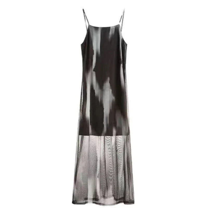 Y2K Tie Dye Midi Dress Women Spaghetti Strap Mesh Print A Line Dresses Vintage Streetwear Tulle Sleeveless Slim Vestidos