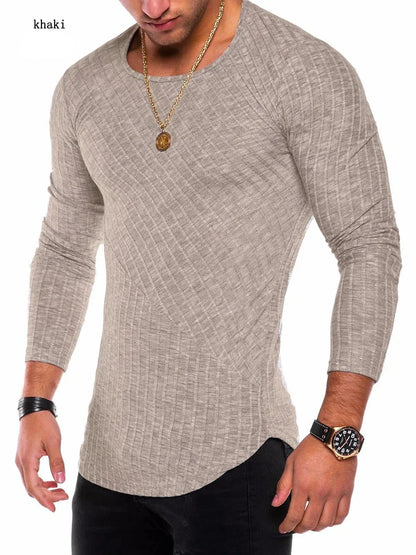 maoxiangshop New Pit Strip Solid Color Stitching Arc Bottom Bottom Shirt Round Neck Men's T-shirt