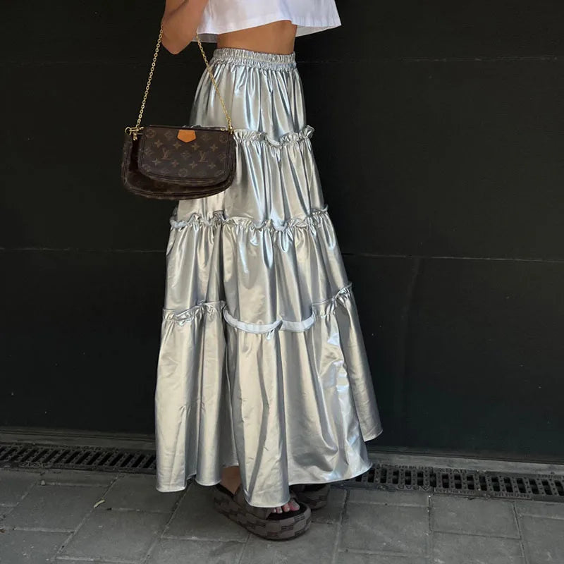 maoxiangshop -  Autumn New Women's Niche Design Silver Metallic High Waist Mid-Length Cake Skirt Vestidos