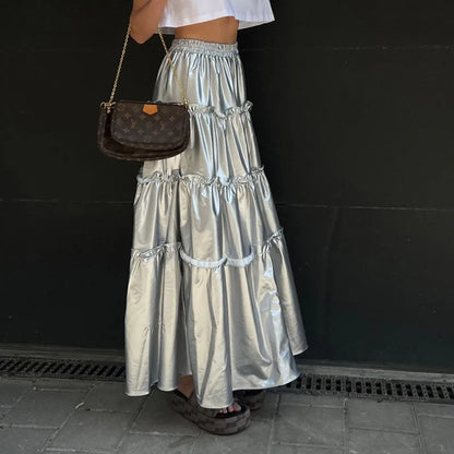 maoxiangshop -  Autumn New Women's Niche Design Silver Metallic High Waist Mid-Length Cake Skirt Vestidos