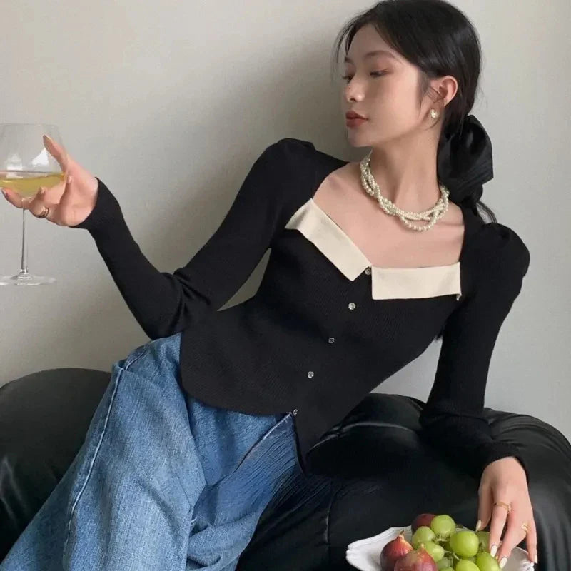 Vintage Knitted Sweater Women Square Collar Cropped Pullovers Korean Elegant Slim Knitwear Simple Patchwork Jumpers Tops