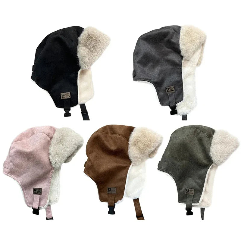 maoxiangshop  -  Women Bomber Hat Suede Plush Lined Trapper Cap Winter Warmer Windproof Russian Pilot Caps Ear Protect Skiing Riding Leifeng Hats