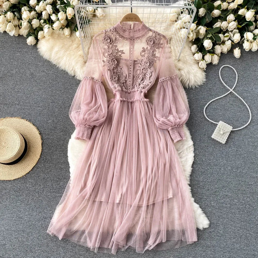 maoxiangshop Ladies Dress Three-dimensional Flower Hook Mesh Temperament Stand Collar Lantern Sleeve High Waist Slim Female Dresses