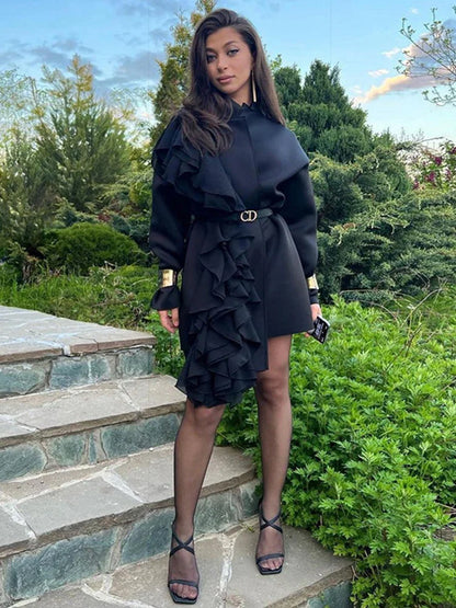 maoxiangshop  -  Splice Mesh Belted Long Sleeve Jacket For Women High Street Loose Irregular Black Outwear Lapel Autumn Winter 2024 New