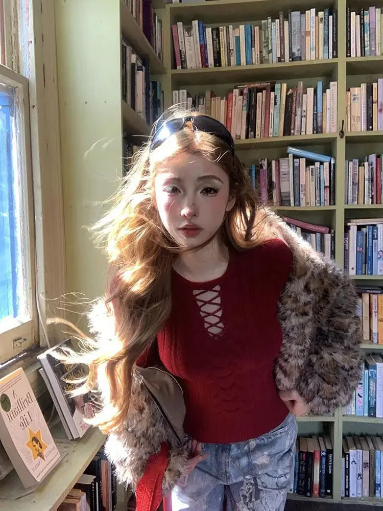 maoxiangshop  -  Y2k Criss-Cross Hollow Out Knitwear Slim Fit Long Sleeve Ribbed Sweater Women Autumn Winter Underwear Clothes Sexy Girl