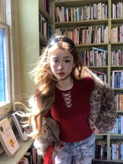maoxiangshop  -  Y2k Criss-Cross Hollow Out Knitwear Slim Fit Long Sleeve Ribbed Sweater Women Autumn Winter Underwear Clothes Sexy Girl