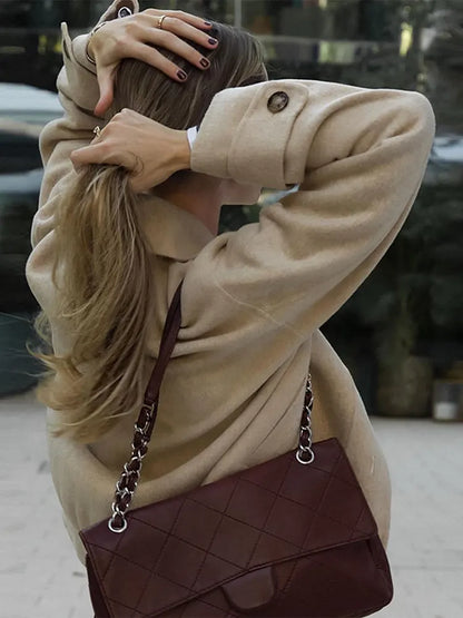 maoxiangshop -  Lapel Collar Long Sleeve Woolen Jacket Women Single-breasted Warm Short Coats Autumn Winter Fashion Female Streetwear
