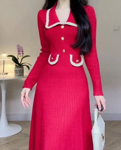 Autumn Winter Long Sleeve Knitting Midi Dress Women Fashion Turn Down Collar Button Sweater Clothes Female Soft Ribbed Jumper