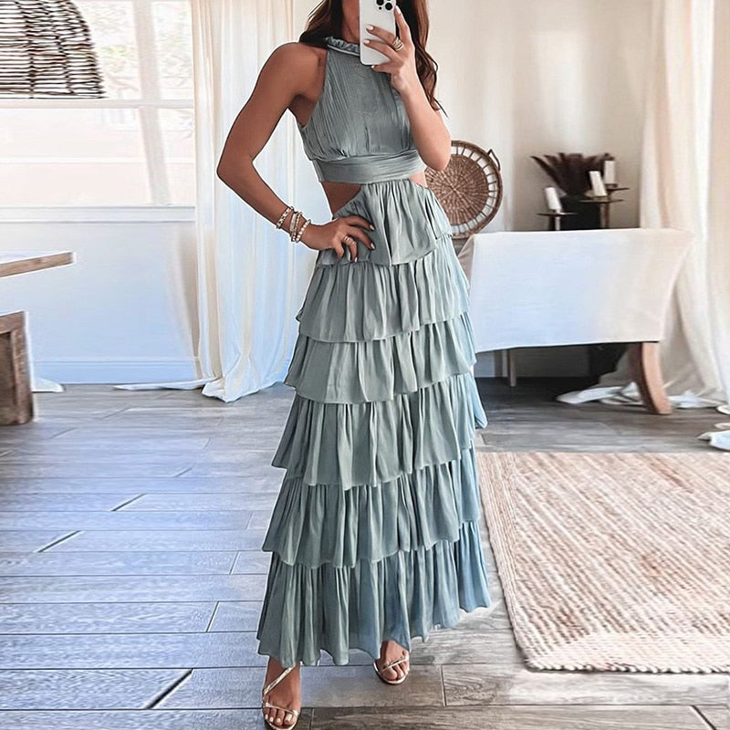 maoxiangshop Summer Sexy High Waist Sleeveless Boho Long Dresses Hollow Out Cascading Ruffle Cake Dress Women Halter Beach Maxi Dresses