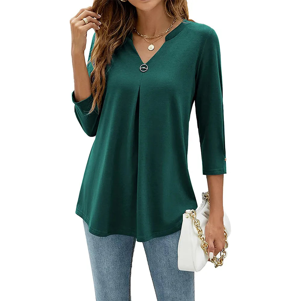 maoxiangshop Womens Autumn V Neck 3/4 Sleeve Shirts Business Casual Tops Loose Work Tunic Blouse