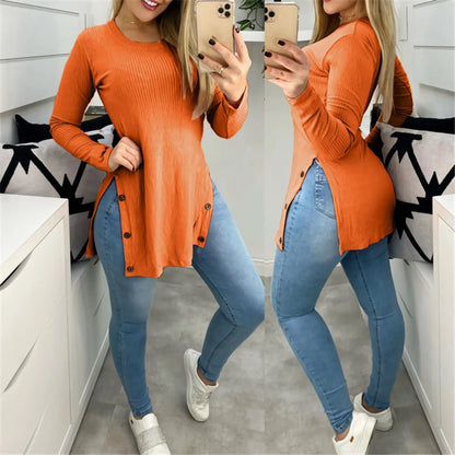 maoxiangshop Pit strip solid color round neck slit button long sleeve T-shirt large size women's blouse