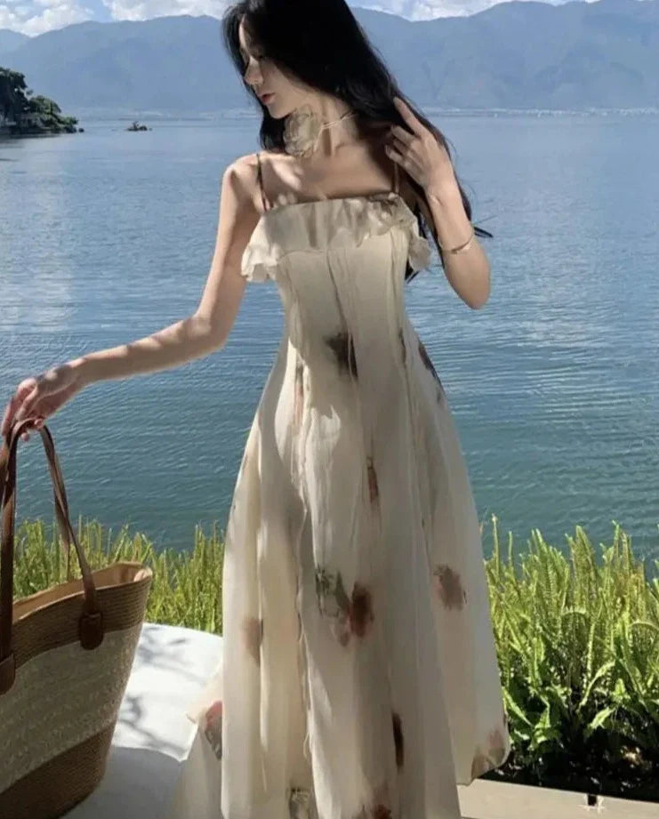 Elegant Ruffles Floral Midi Dresses Summer New Fashion Spaghetti Strap A-line Beach Vestidos Women Holiday Sundress Clothing