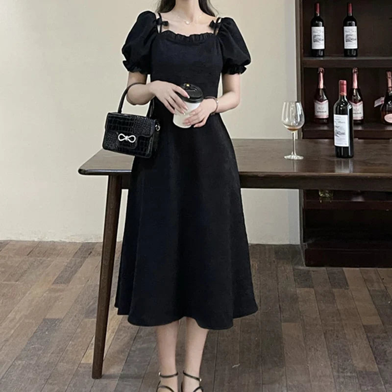 maoxiangshop New Women Vogue Off Shoulder Dress Lady Kawaii Bowknot Holiday Casual Dress Female Gentle Cutecore Elastic Puff Sleeve Dress