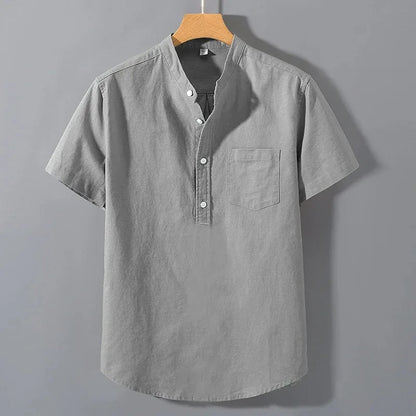 maoxiangshop New Mens Short Sleeve T Shirts Solid Color Stand Up Collar Shirt Summer Trendy Breathable Loose Youth Basic Cotton Pocket Top
