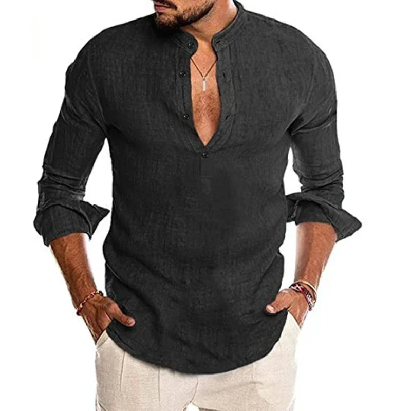 maoxiangshop Mens Button Down Shirt Linen Cotton Shirts Casual Long Sleeve Spread Collar Lightweight Beach Solid Color Tops