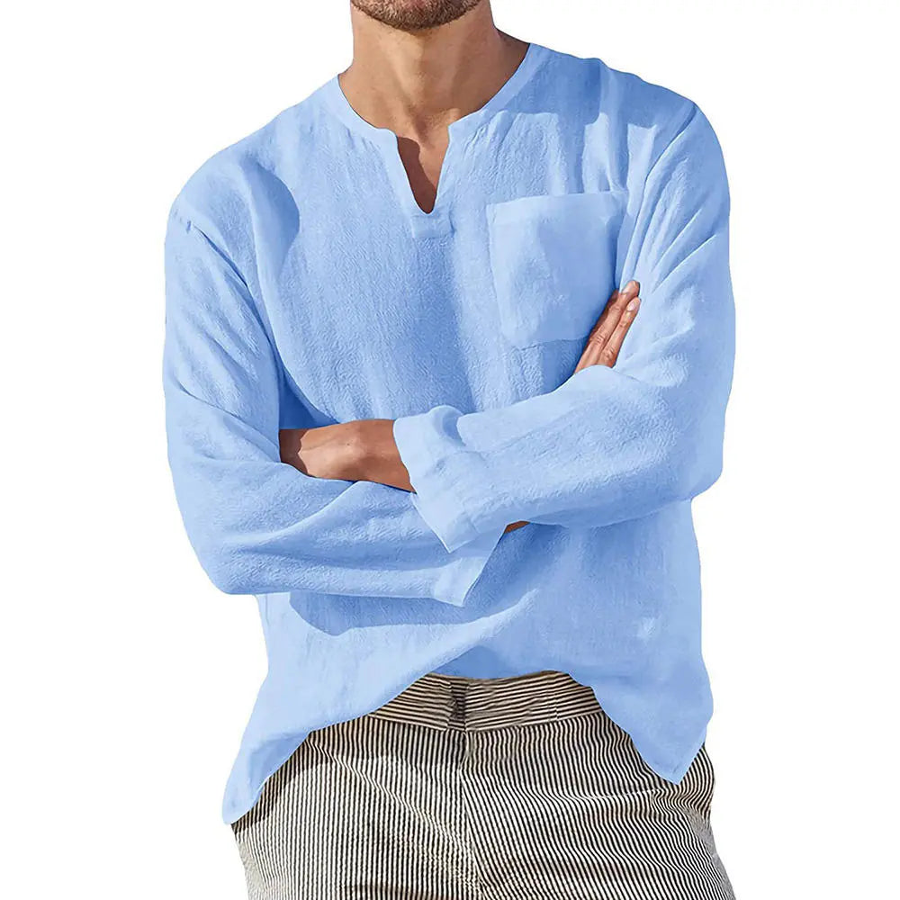 maoxiangshop Men Casual Cotton Linen ShirtsStanding Collar Male Solid Color Long Sleeves Loose Tops Spring Autumn Handsome Men's Shirts