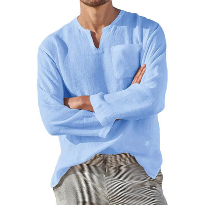 maoxiangshop Men Casual Cotton Linen ShirtsStanding Collar Male Solid Color Long Sleeves Loose Tops Spring Autumn Handsome Men's Shirts