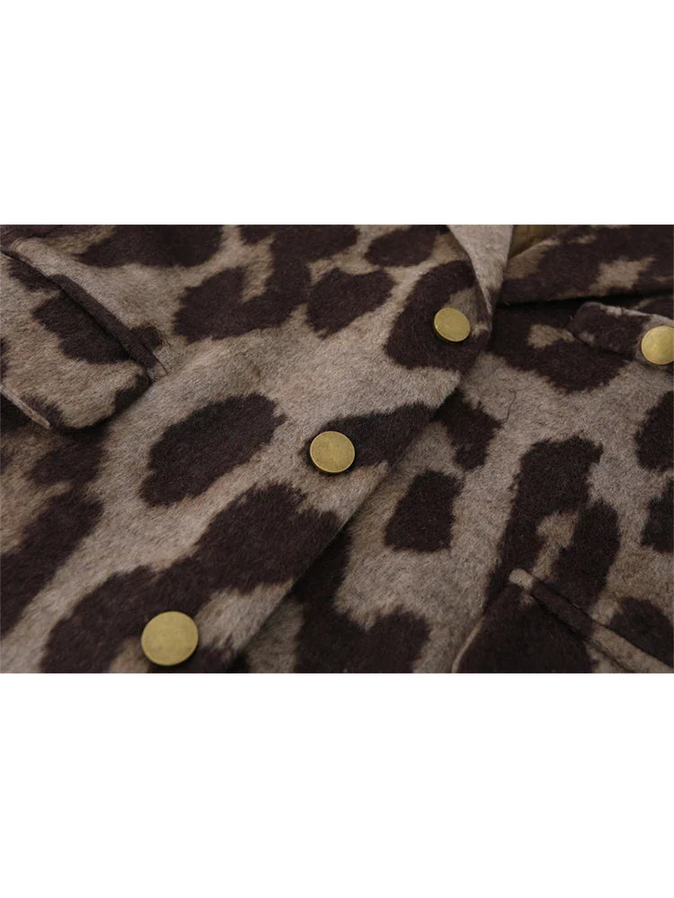 Winter Women Old Money Leopard Print Jacket 90s Vintage Blazer Woolen Coat Single-breasted Outwear Warm Thick Oversize Harajuku