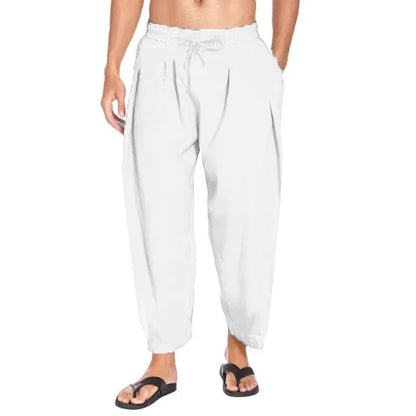 maoxiangshop Summer Mens Harem Pants Men Linen Lightweight Streetwear Solid Color Cotton Trousers Beach Track Pants Breathable Pants for Men