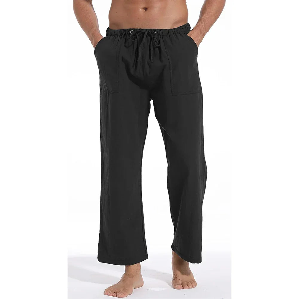 maoxiangshop New Men's Casual Linen Pants Solid Color Breathable Yoga Cotton Trousers Male Casual Elastic Waist Drawstring Fitness Pants