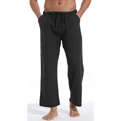 maoxiangshop New Men's Casual Linen Pants Solid Color Breathable Yoga Cotton Trousers Male Casual Elastic Waist Drawstring Fitness Pants