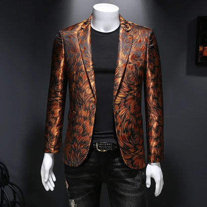 maoxiangshop Luxury Men Jacquard Slim Fit Blazer Stage Performance Metal Gold Yarn Casual Suit Jacket Formal Stage Costumes