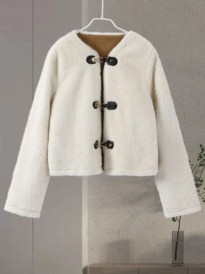 maoxiangshop  -  2024 Winter Lambs Wool Jacket Coat Loose O-neck Leather Knot Buckle Long Sleeve Plush Jackets Autumn Fashion Lady Solid Outwear