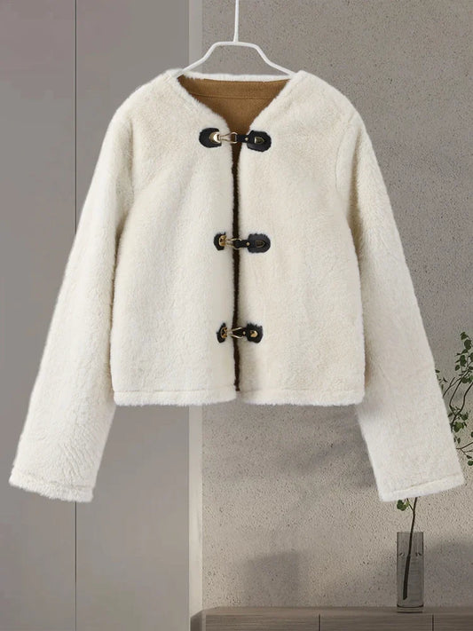 maoxiangshop  -  2024 Winter Lambs Wool Jacket Coat Loose O-neck Leather Knot Buckle Long Sleeve Plush Jackets Autumn Fashion Lady Solid Outwear