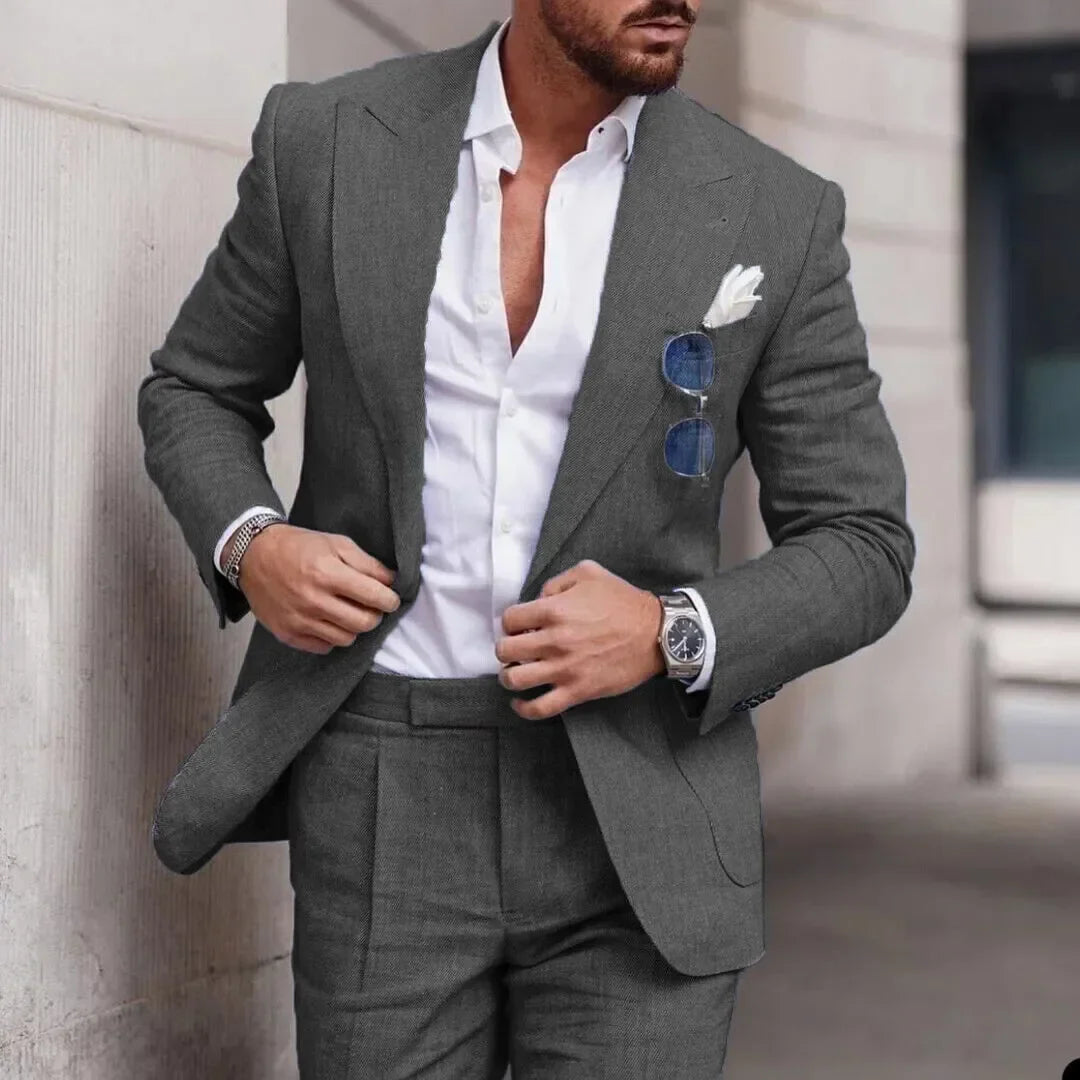 maoxiangshop Fashion Linen Suits for Men Chic Peak Lapel Double One Button Male Suit Slim Fit Business Casual Wedding Tuxedo 2 Piece Costume