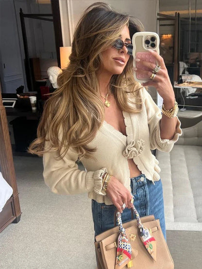 maoxiangshop  -  Knitted 3D Flower Cardigans Women Slim V-neck Ruffles Hem Lantern Sleeve Short Female Sweaters 2024 Autumn Fashion Lady Outwear