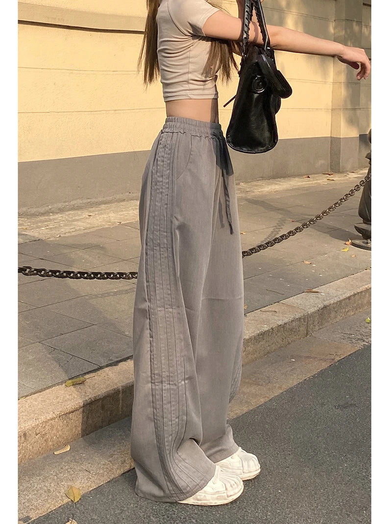 maoxiangshop Side Stripe Retro Loose Lace-up Wide Leg Casual Long Women Pants Korean Fashion High Waist Trouser Lady Autumn Y2k Street Pants