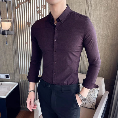 maoxiangshop Mens Shirts Autumn New Long Sleeve Stripe Dress Shirt Solid Casual Formal Wear Slim Fit Chemise Homme Camisas Men Clothing