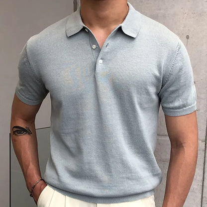 maoxiangshop Summer Simple Solid Color Casual Slim Lapel Polo Knit  Breathable Polo Camisa Hombre British  Men's Shirt Mannen Polo