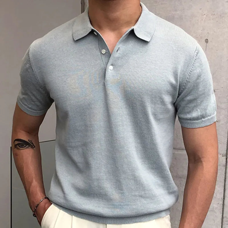 maoxiangshop Summer Simple Solid Color Casual Slim Lapel Polo Knit  Breathable Polo Camisa Hombre British  Men's Shirt Mannen Polo