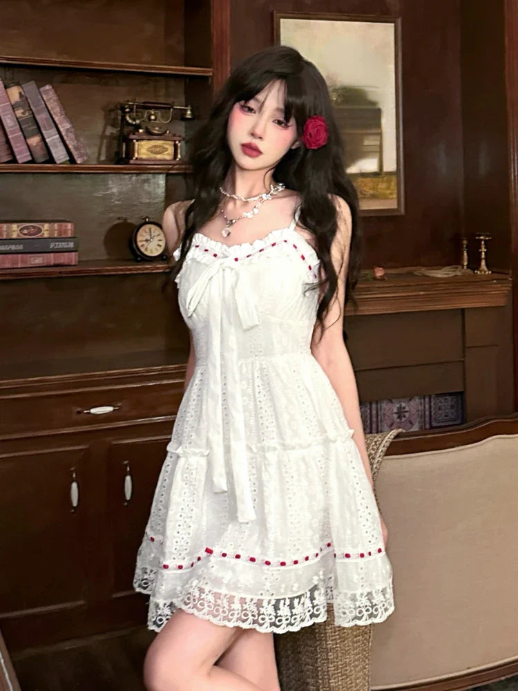 Summer White Lolita Sweet Lace Dress Woman Casual Elegant Y2k Mini Dress Short Party Hot Girls One Piece Dress Korean Fashion