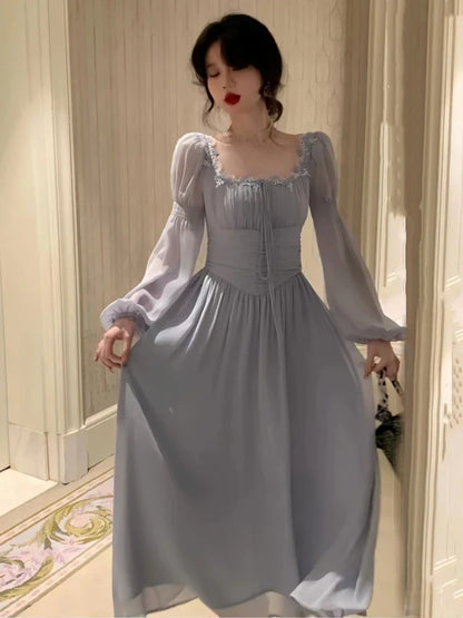 French Elegant Princess Evening Party Midi Dresses for Women Autumn Slim Bandage Long Sleeve Vestidos Korean Spring Clothes