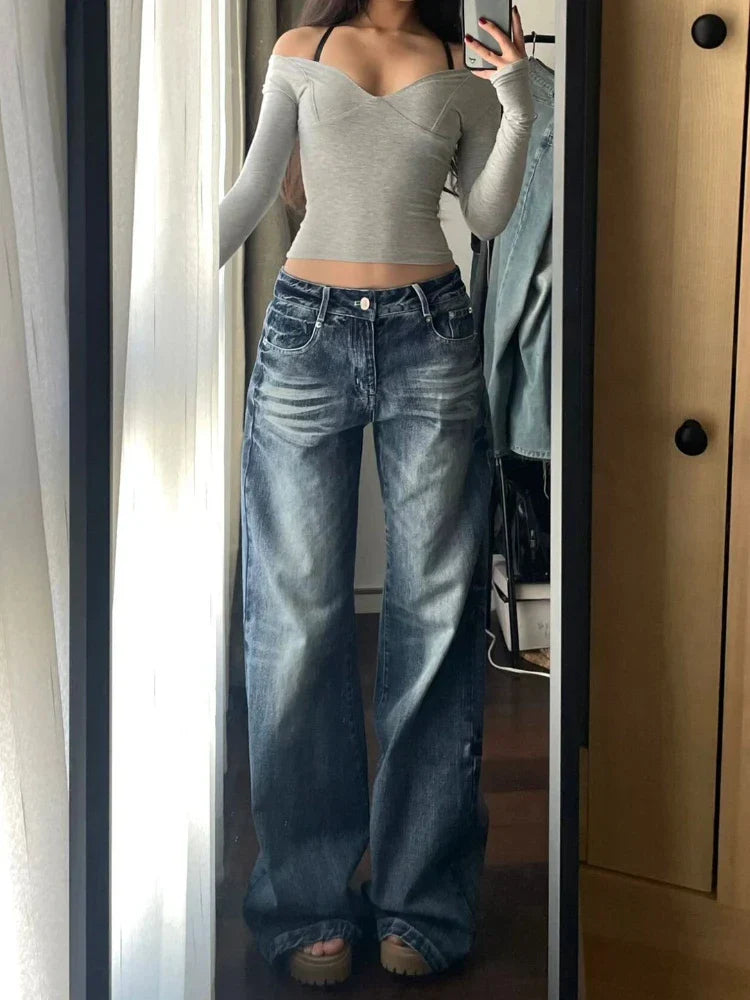 Y2k Vintage Wide Leg Jeans for Women Washed Casual High Waist Loose Denim Pants Streetwear Korean Straight Trousers