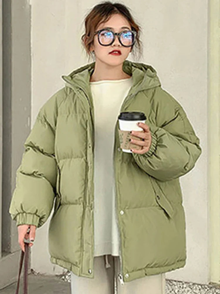 maoxiangshop Women Short Jacket Winter Thick Hooded Cotton Padded Coats Female Korean Loose Puffer Parkas Ladies Oversize Outwear