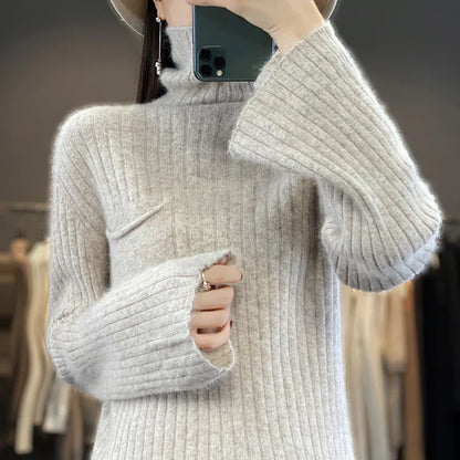 maoxiangshop Pure Mink Cashmere Sweater Women,High Pile Neck Knit Jumper,Wide Strip Large Size Long Sleeves,Autumn,Hot Sale