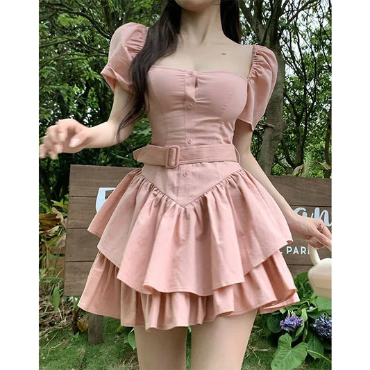 maoxiangshop  -  Y2K Pink Mini Dress Women Sweet Belt Square Collar One Pieces Dresses Party Prom Korean Cute Puff Sleeve Bodycon A Line Vestidos