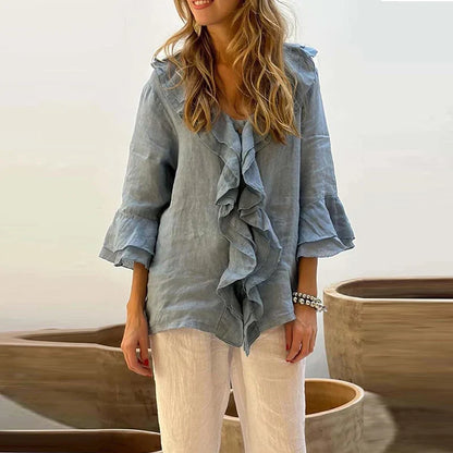 maoxiangshop  -  Autumn Casual Loose 3/4 Flying Sleeved Blouse Retro Solid Single Breasted Office Clothing Elegant V Neck Ruffles Women Pullover